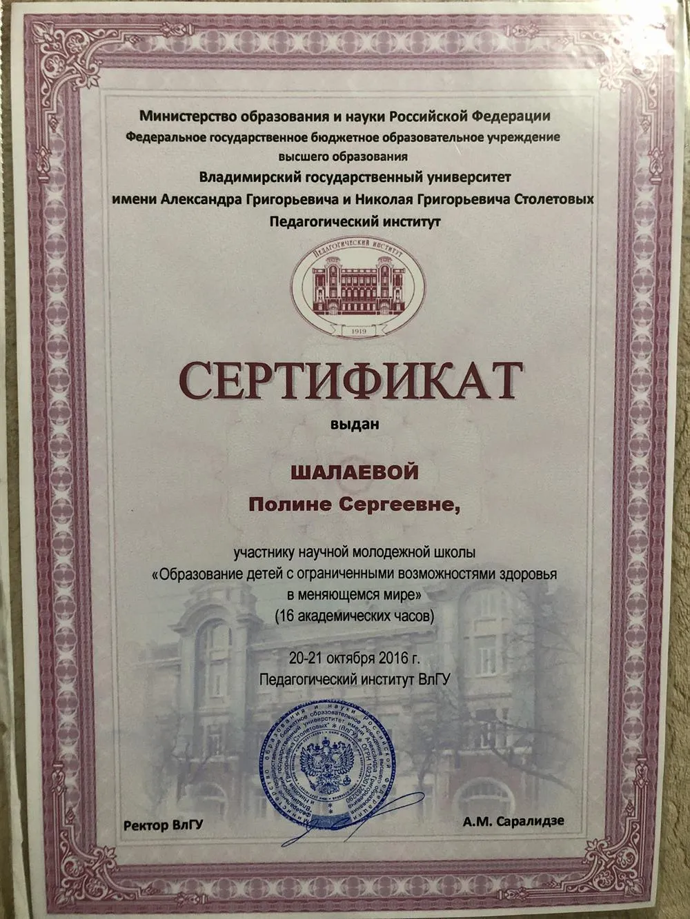 Сертификат участнику молодёжной школы «Образование детей с ограниченными возможностями здоровья»