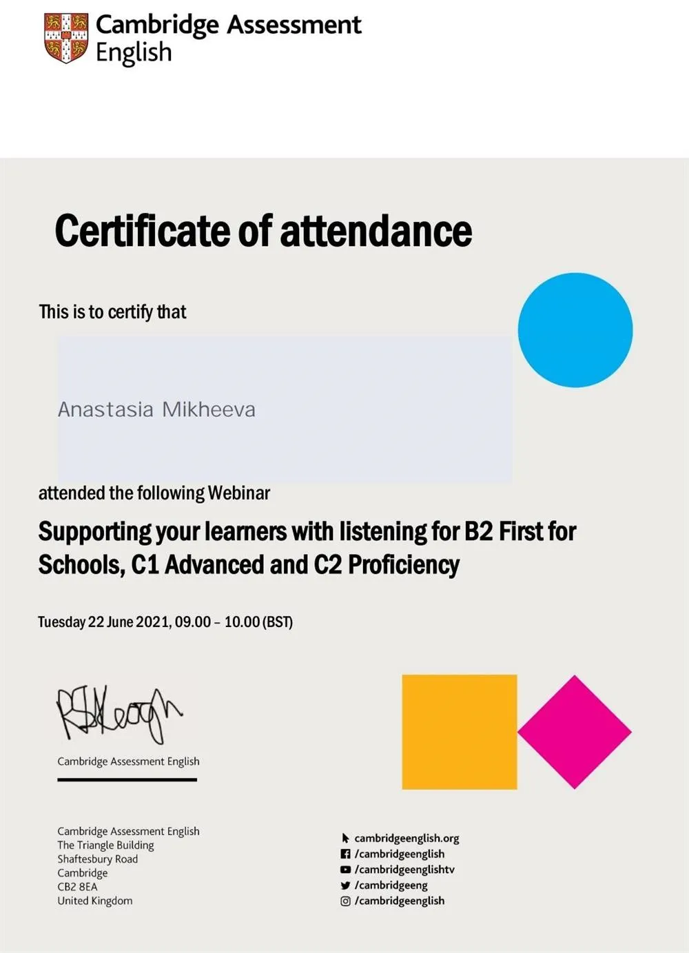 Certificate in teaching listening for students with high English levels