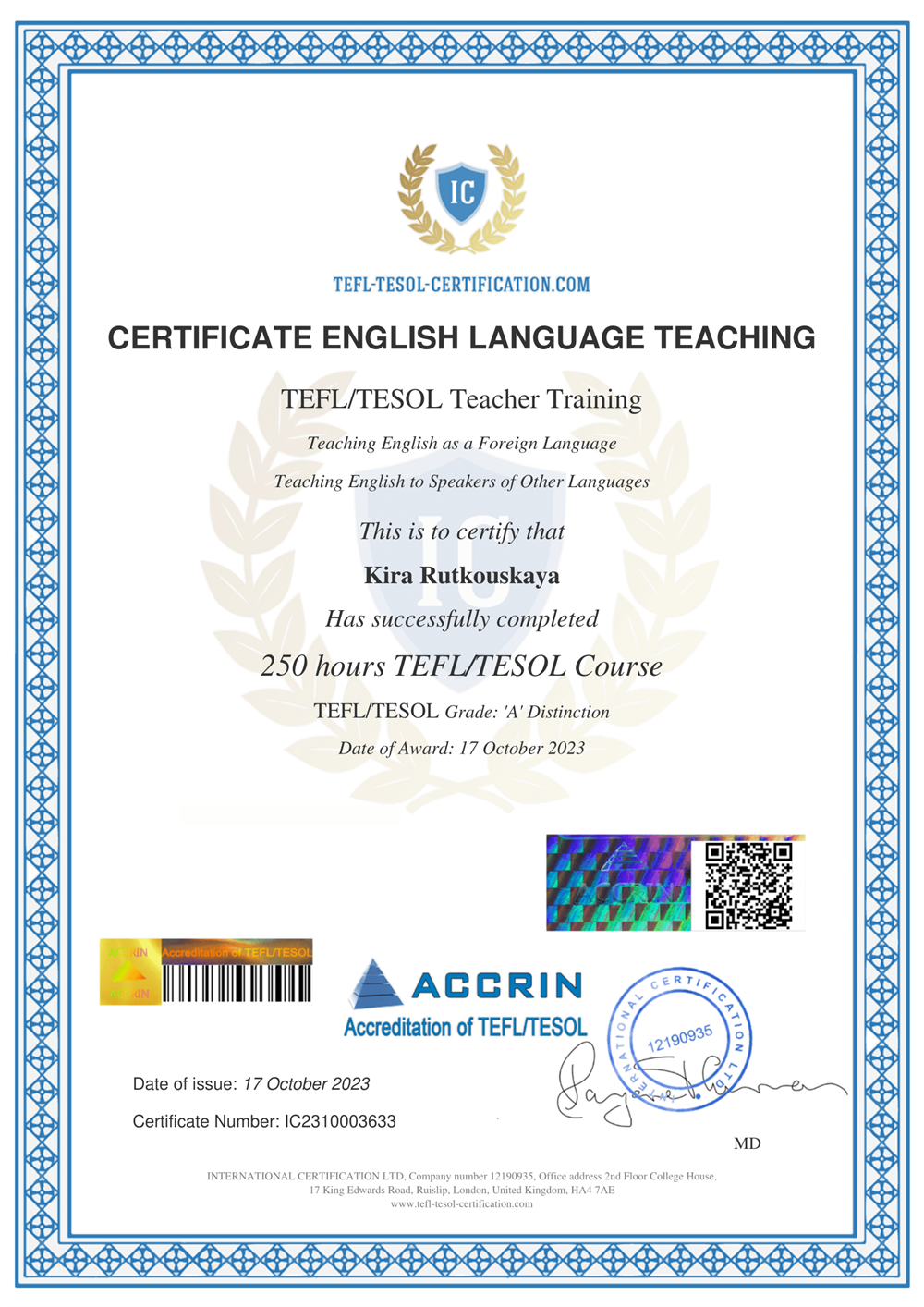 Сертификат. English teaching TEFL/TESOL 250 hours (Grade A)