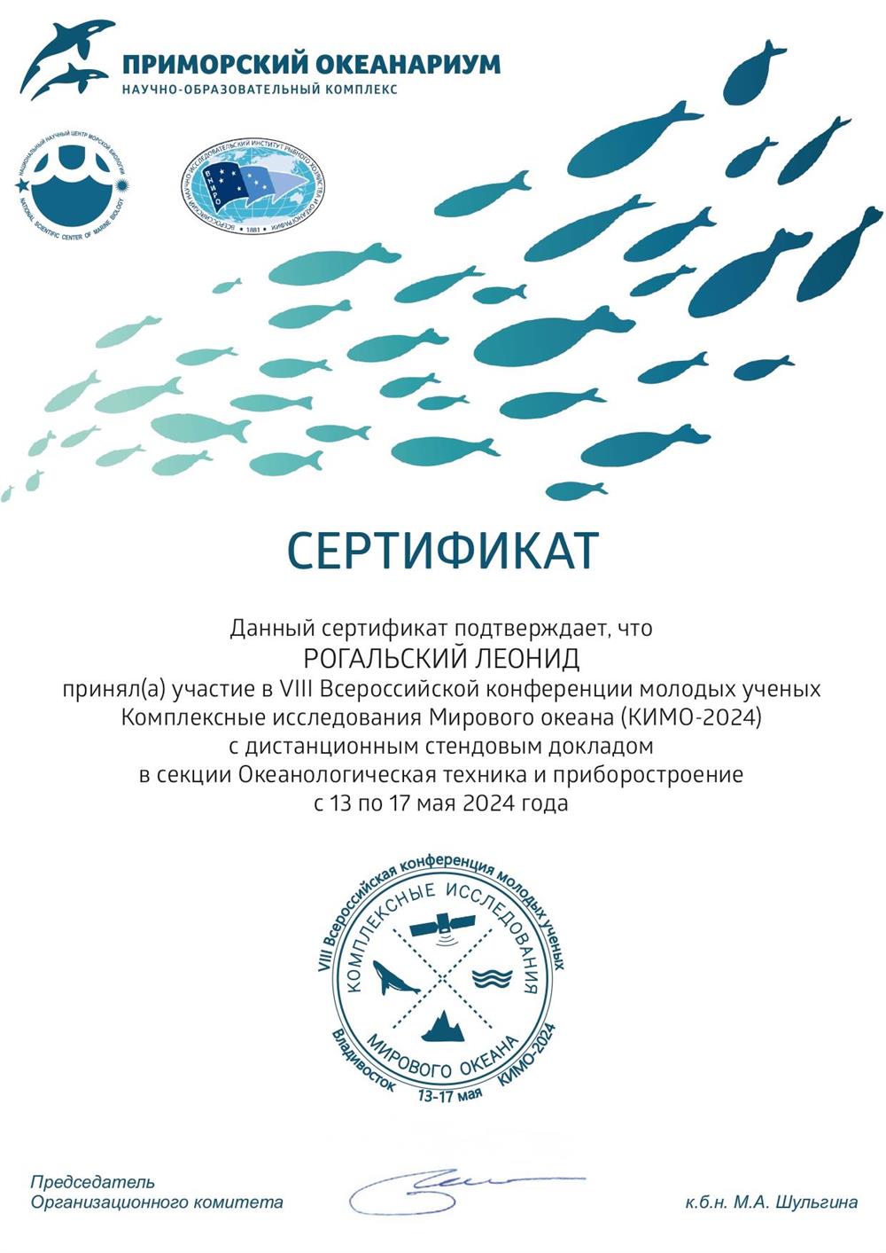 Сертификат участника конференции КИМО-2024