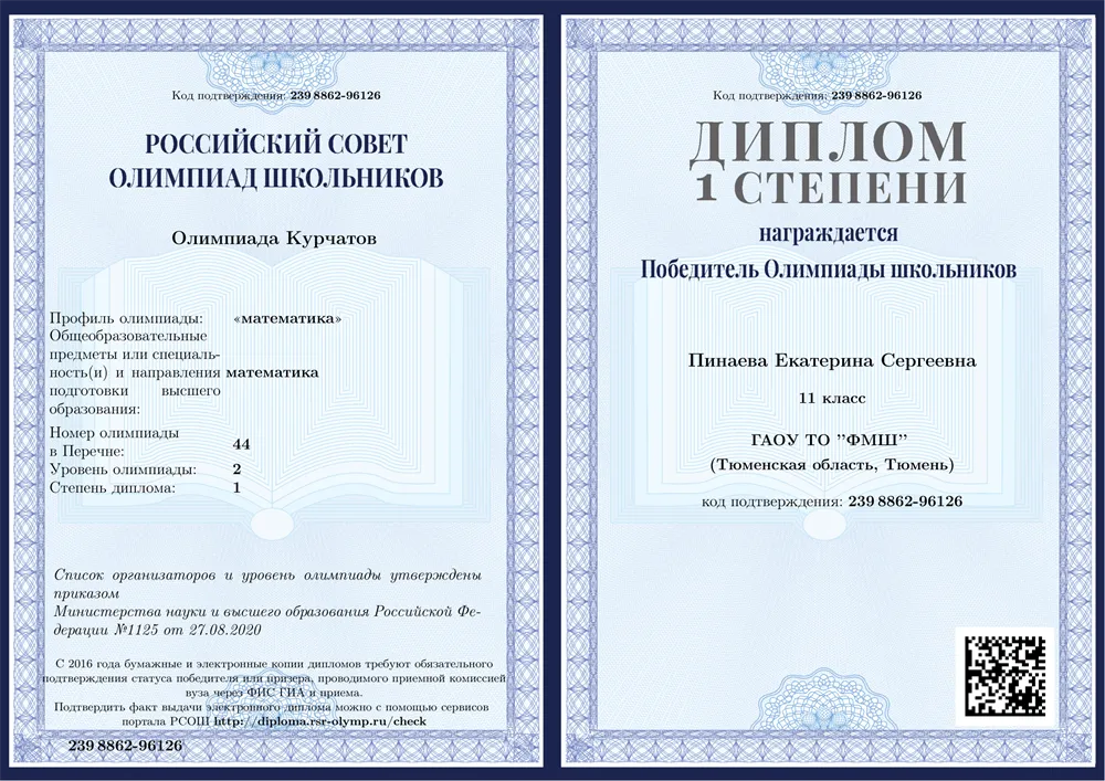 Победитель Олимпиады школьников "Курчатов" по математике