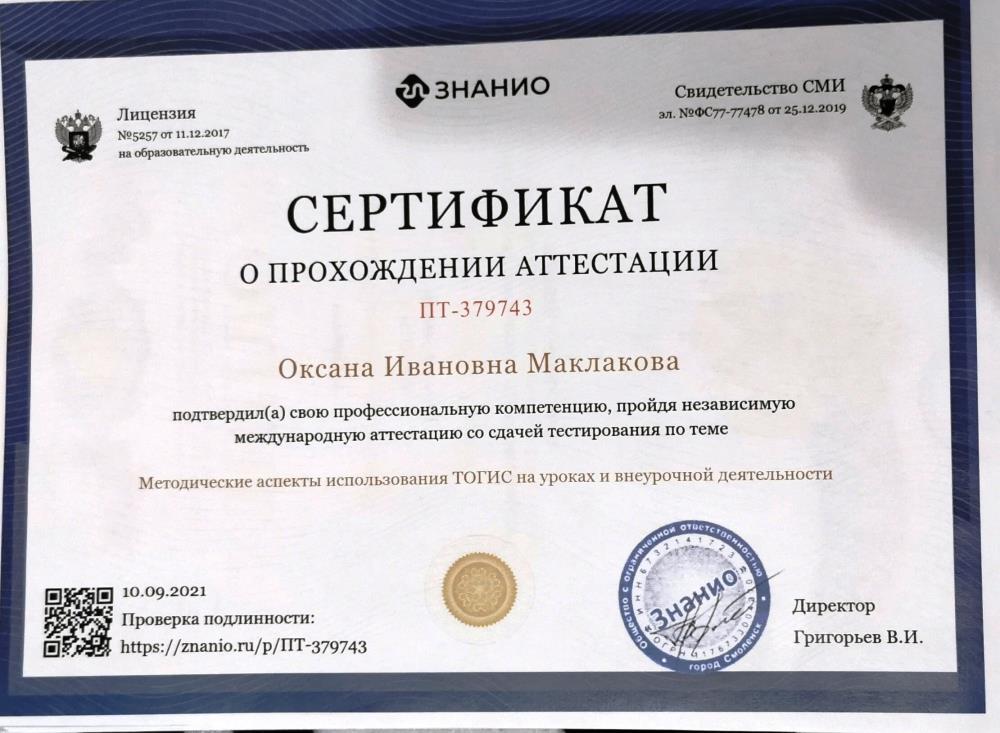 Сертификат о аттестации использования технологии ТОГИС