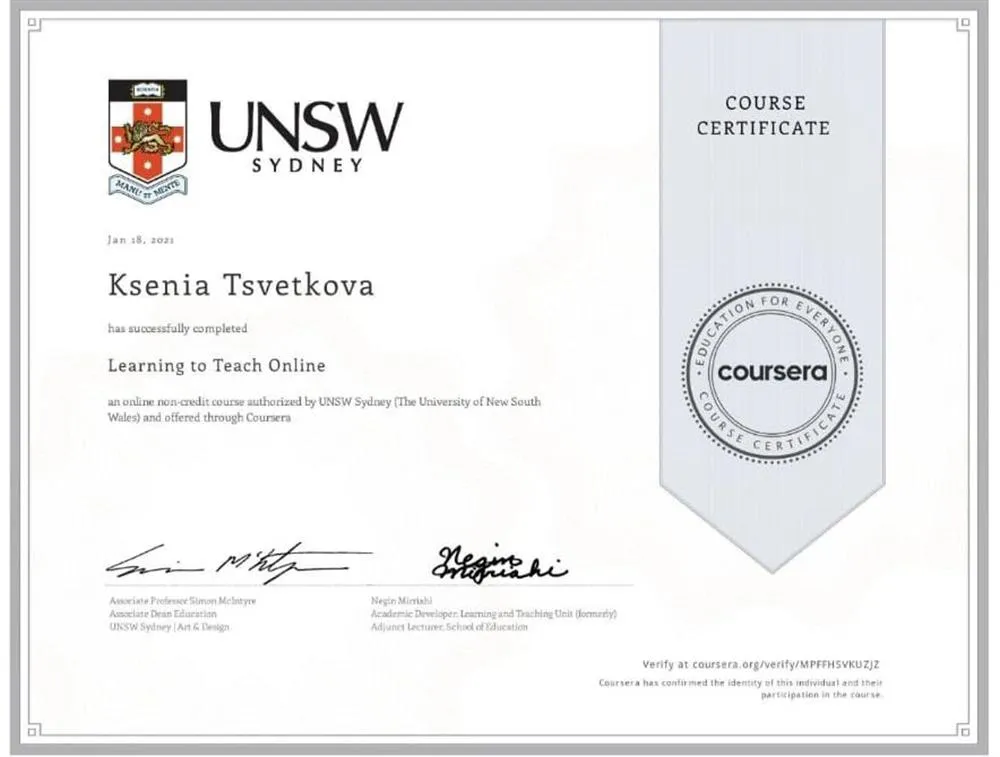 Сертификат Coursera «Learn to teach online» UNSW Sydney