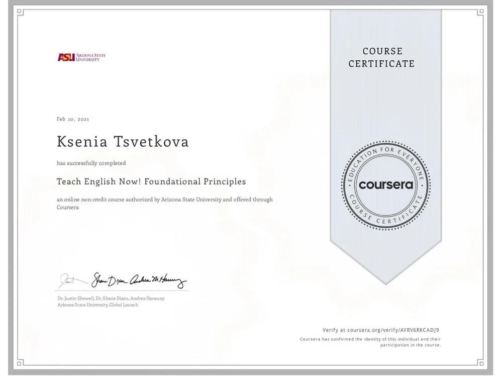 Сертификат «Teach English. Foundation principles», Arizona State University