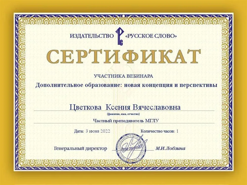 Сертификат «Дополнительное образование: новая концепция и перспективы» от издательства «Русское слово»