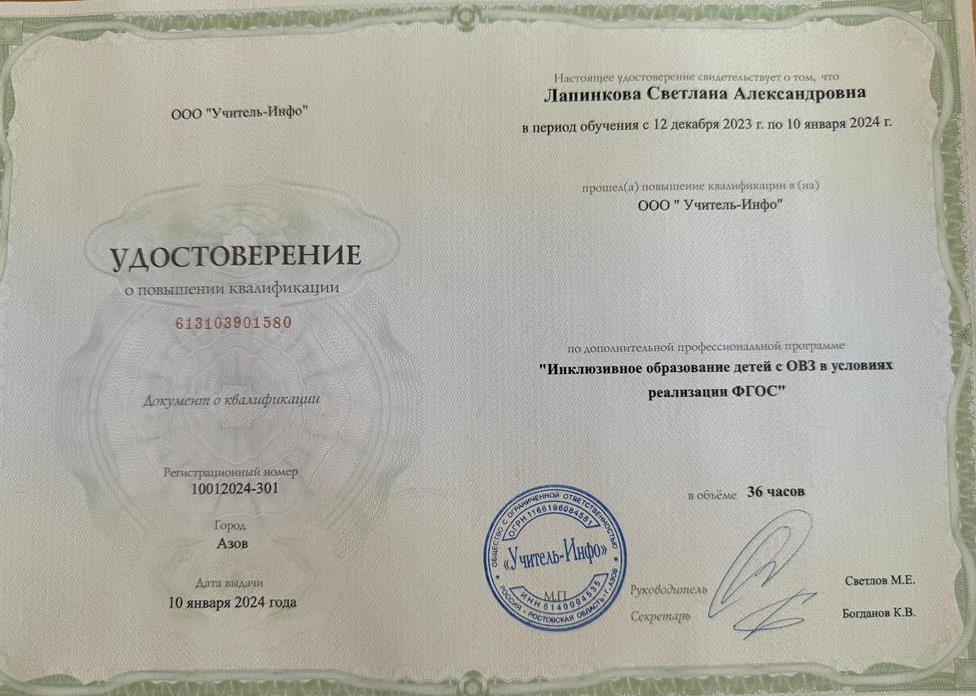 Удостоверение. Инклюзивное образование детей с ОВЗ в условиях реализации ФГОС