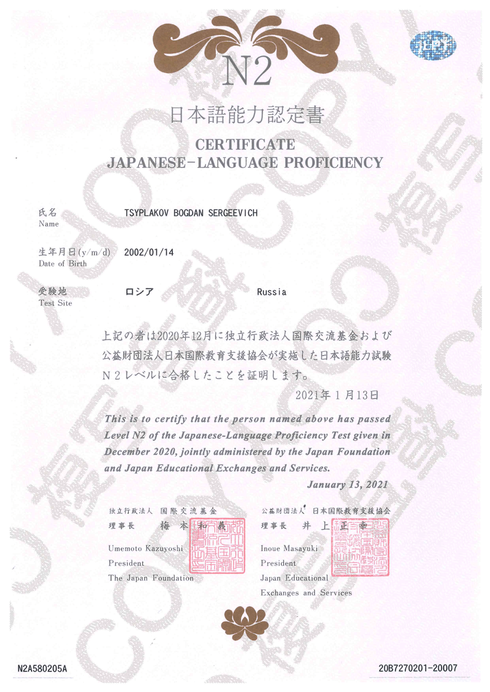 Сертификат JLPT N2