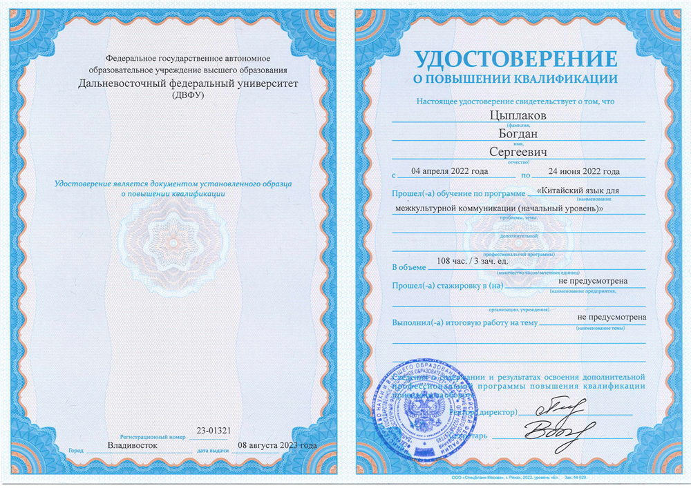 Диплом переподготовки (китайский язык)