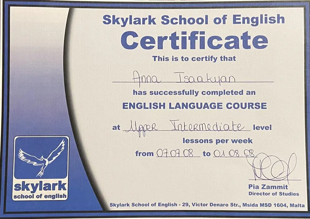 Сертификат, обучение на Мальте, уровень Upper Intermediate 