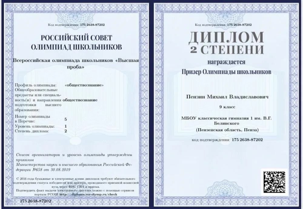 Призёр всероссийской олимпиады по обществознанию «Высшая проба» (9 класс)