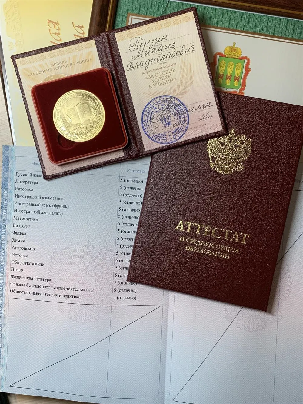 Золотая медаль и красный аттестат с отличием (за 9 и 11 классы)