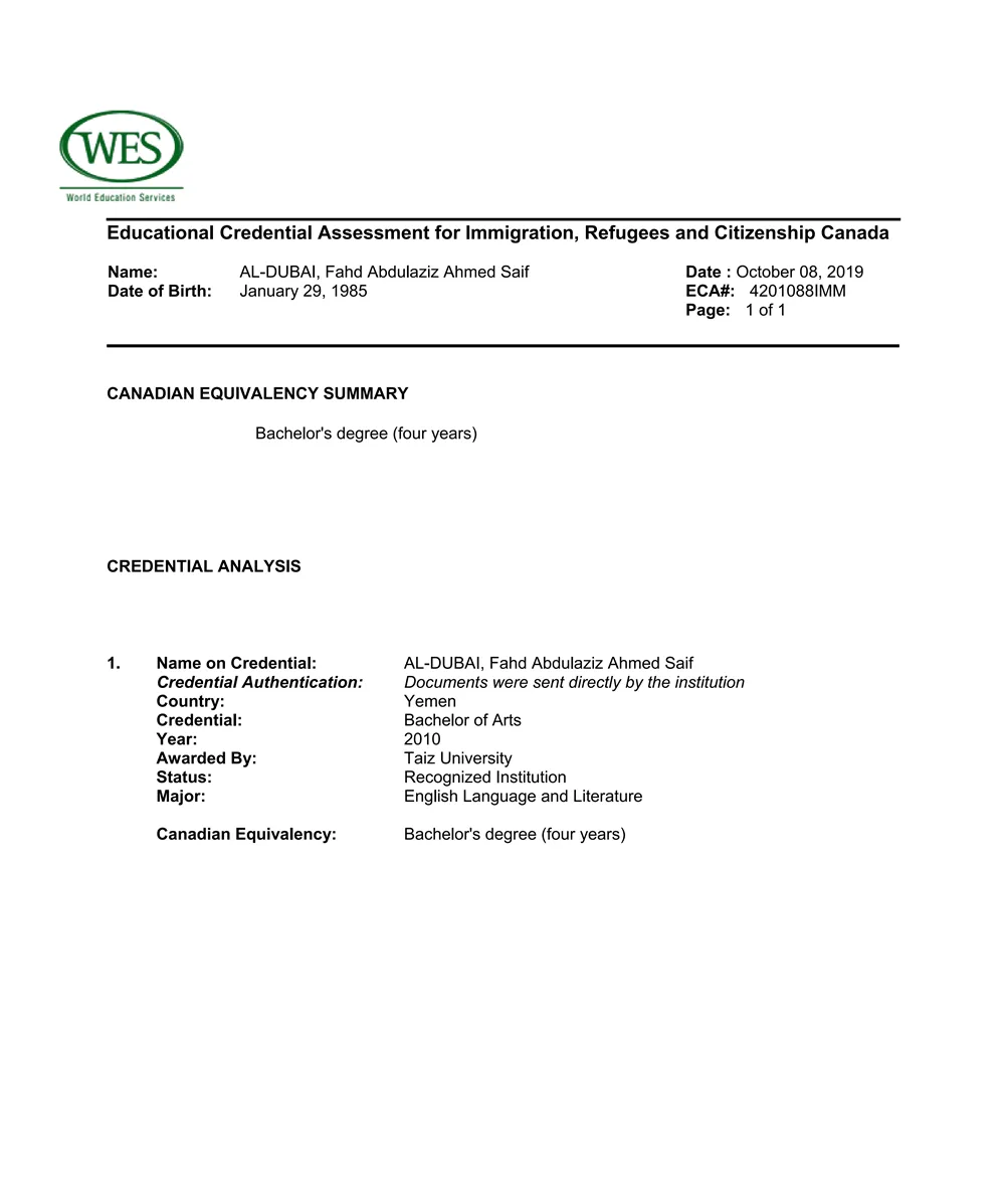 English Language and Literature (WES certification)