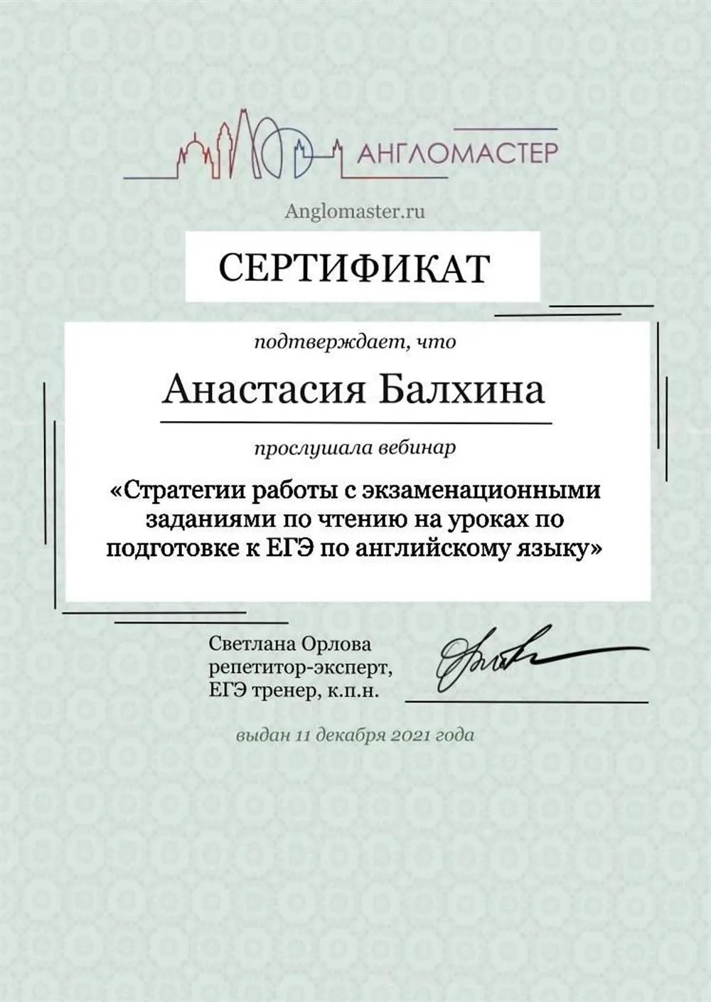 Сертификат участника вебинара