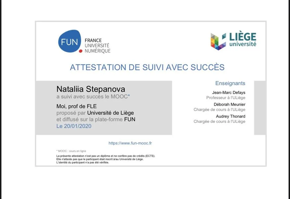 Professeur de FLE (диплом преподавателя французского как иностранного ).L’Universite de Liege