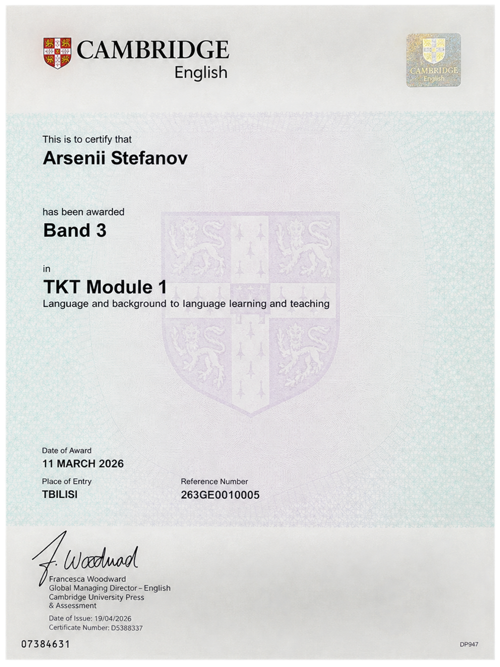 TKT (Teaching knowledge test) Module 1 - подтверждает знание системы языка и основы теории овладения и преподавания языка. 

Оценивает знание терминологии и понятий грамматики, лексики, фонетики и дискурса. 

Проверяет понимание того, как учащиеся осваивают язык и каковы принципы организации учебного процесса.

