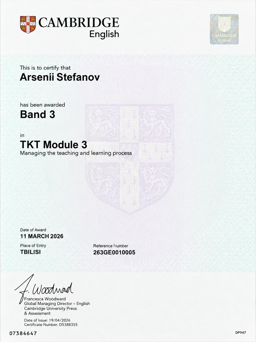 TKT (Teaching knowledge test) Module 3 - оценивает знание того, что происходит непосредственно в классе: как правильно использовать учительскую речь, управлять вниманием учеников, поддерживать дисциплину и организовывать работу (индивидуальную, парную, групповую).
