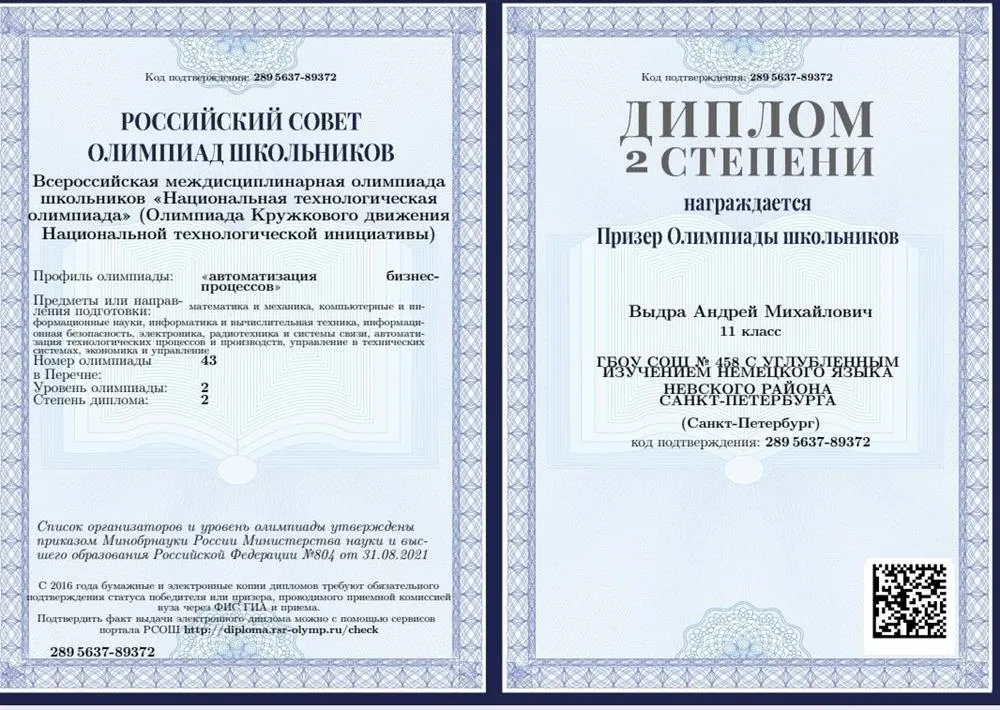 Призёр НТО по Автоматизация Бизнес-процессов 
