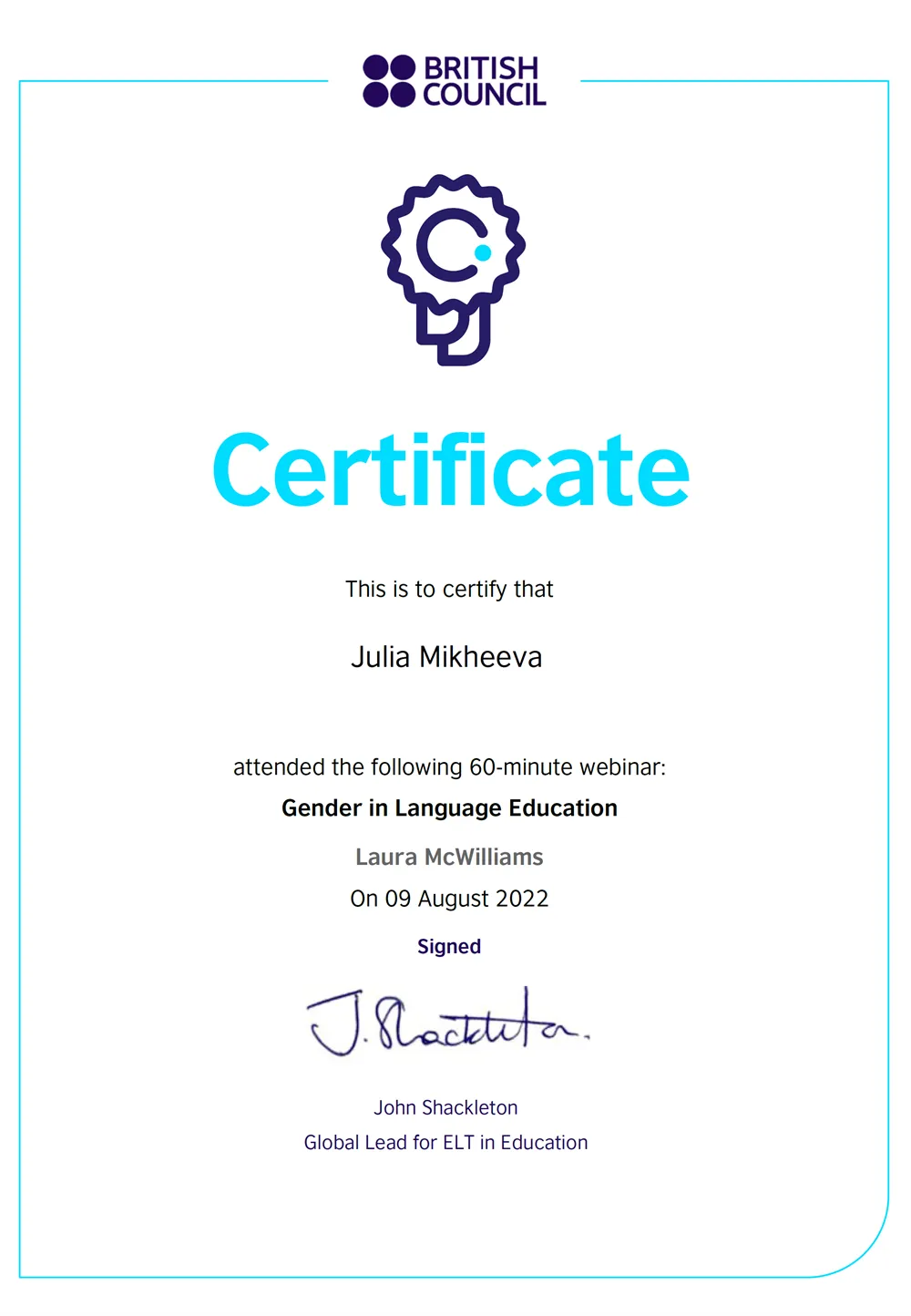 British Council: Certificate Gender Language Education
