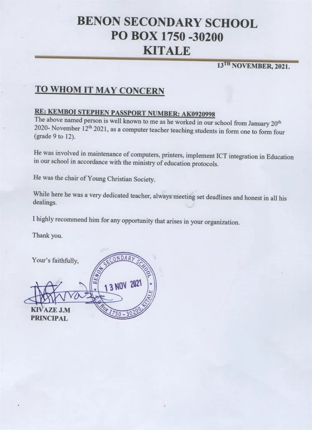 Recommendation letter as a teacher 