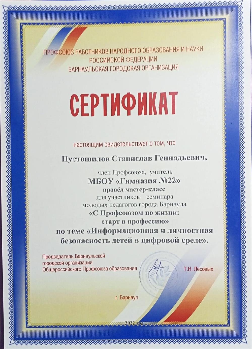 Сертификат- провёл мастер-класс для участников семинара молодых педагогов по теме "Информационная и личностная безопасность детей в цифровой среде" 2022