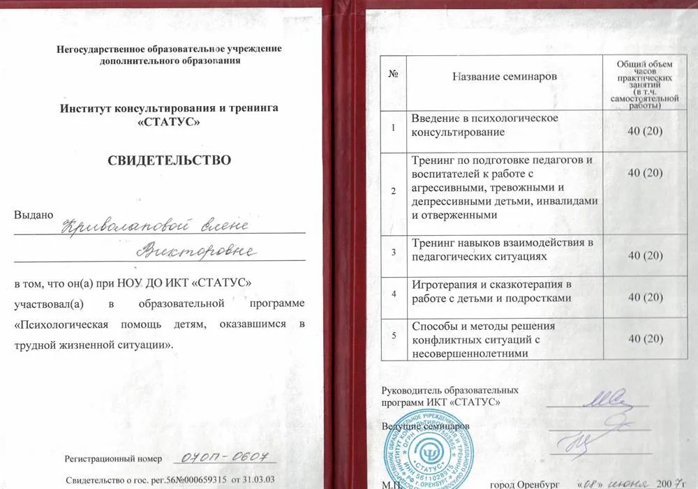 Свидетельство о прохождении учебных курсов