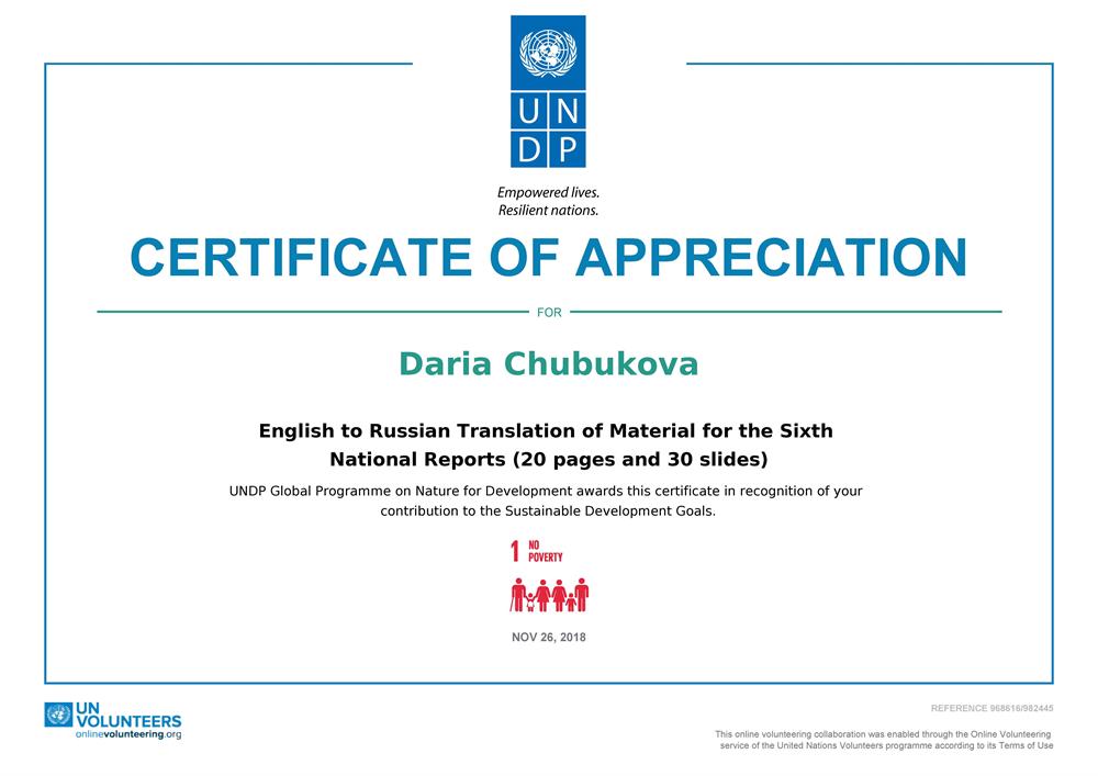 Сертификат. United Nations Development Programme