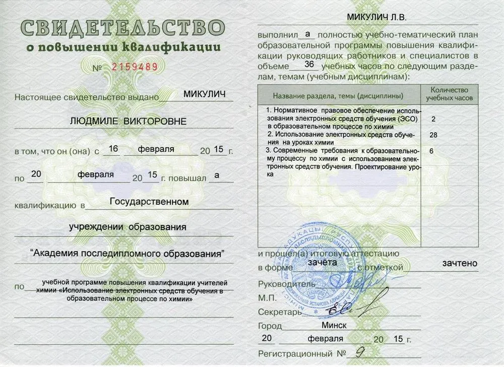 Свидетельство о повышении квалификации