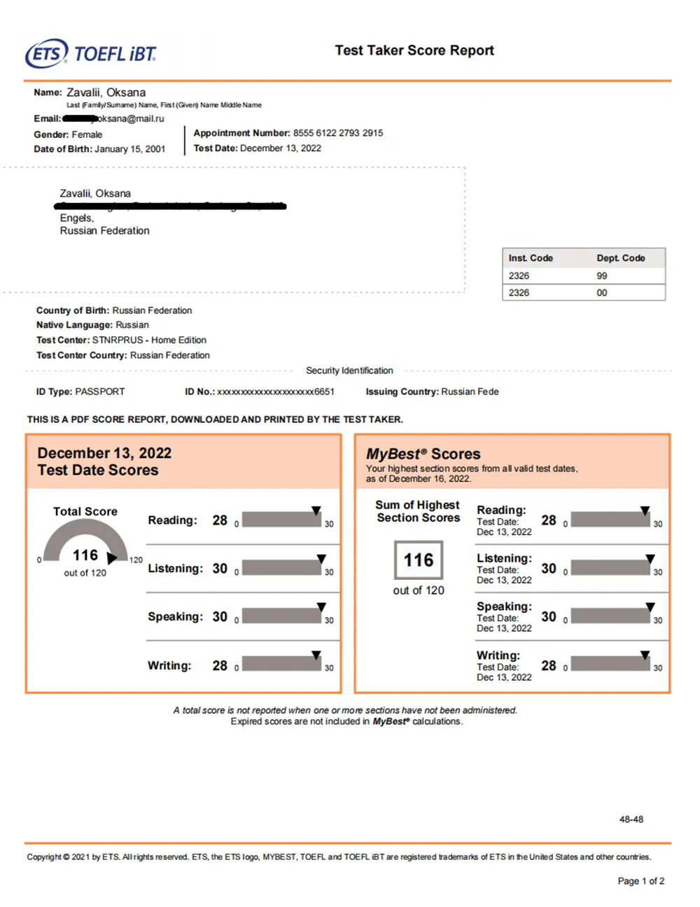 TOEFL Score Report