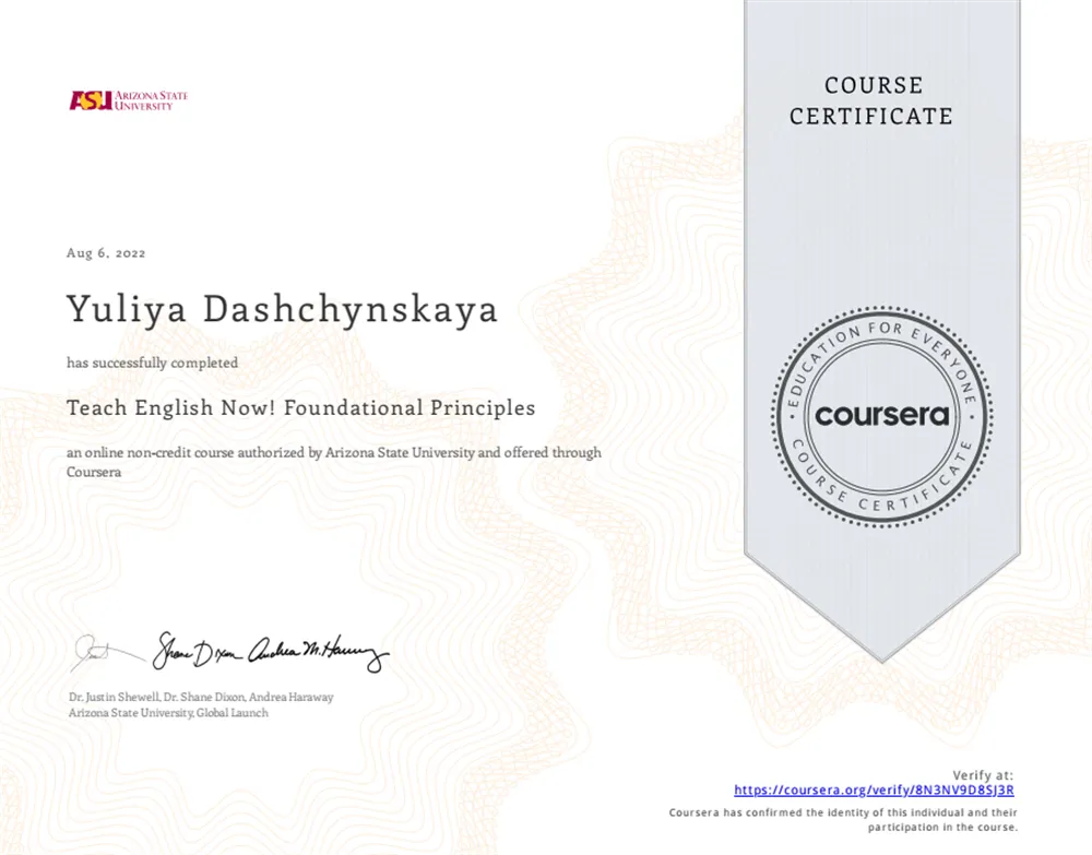 Teach English Now! Arizona State University course (a part of TESOL course program)