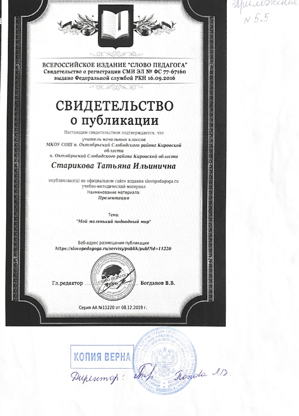 свидетельство о публикации
