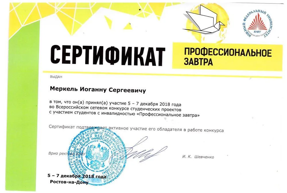 Сертификат Всероссийского конкурса "Профессиональное завтра"