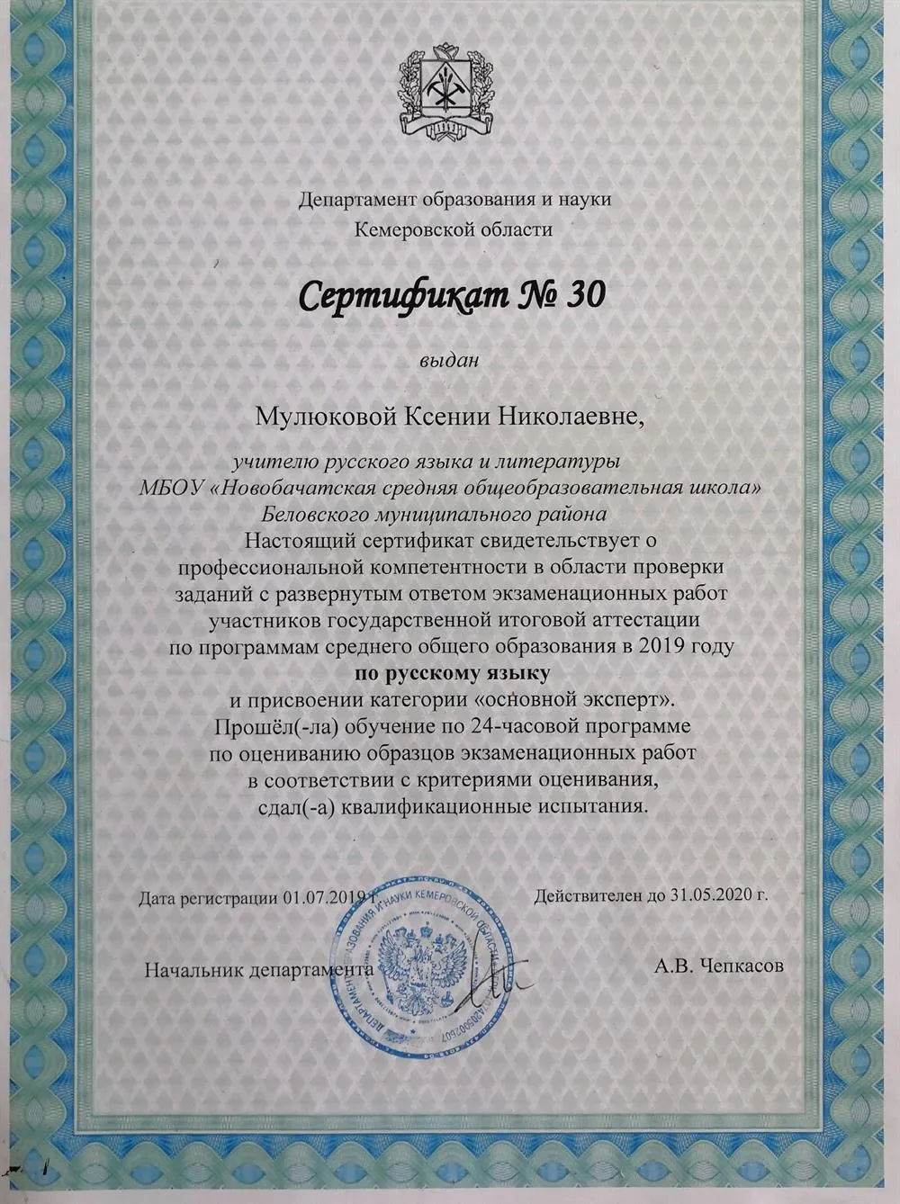 Сертификат о профессиональной компетентности в области проверки заданий с развернутым ответом ЕГЭ по русскому языку, 2019–2020 гг.