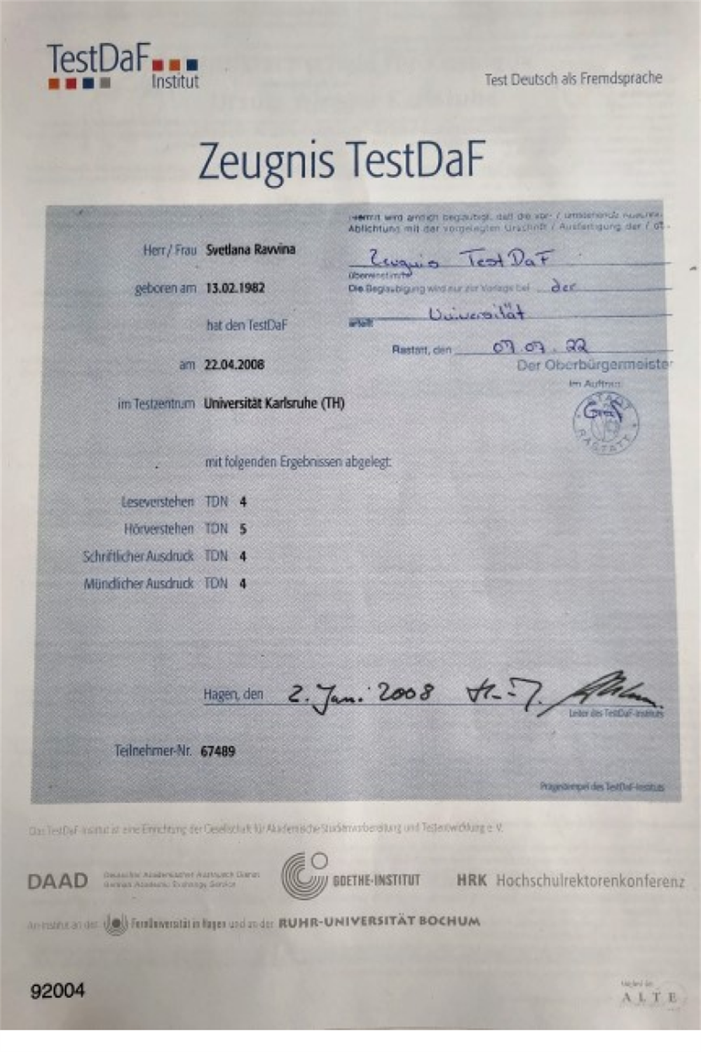 Zeugnis TestDaf