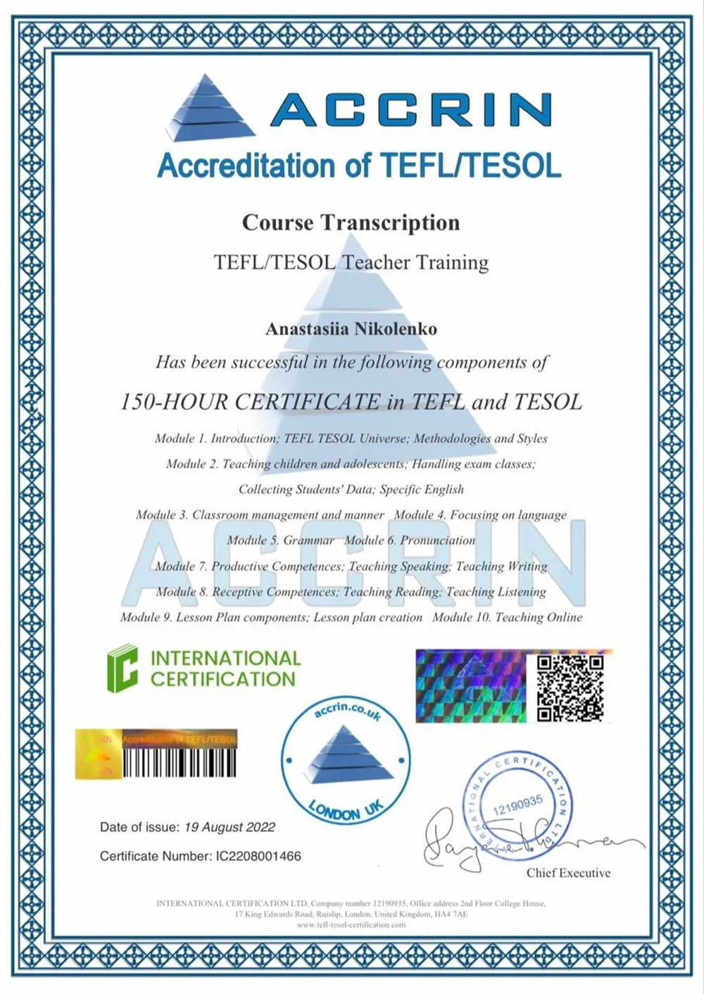 TEFL TESOL 150 hours CERTIFICATE