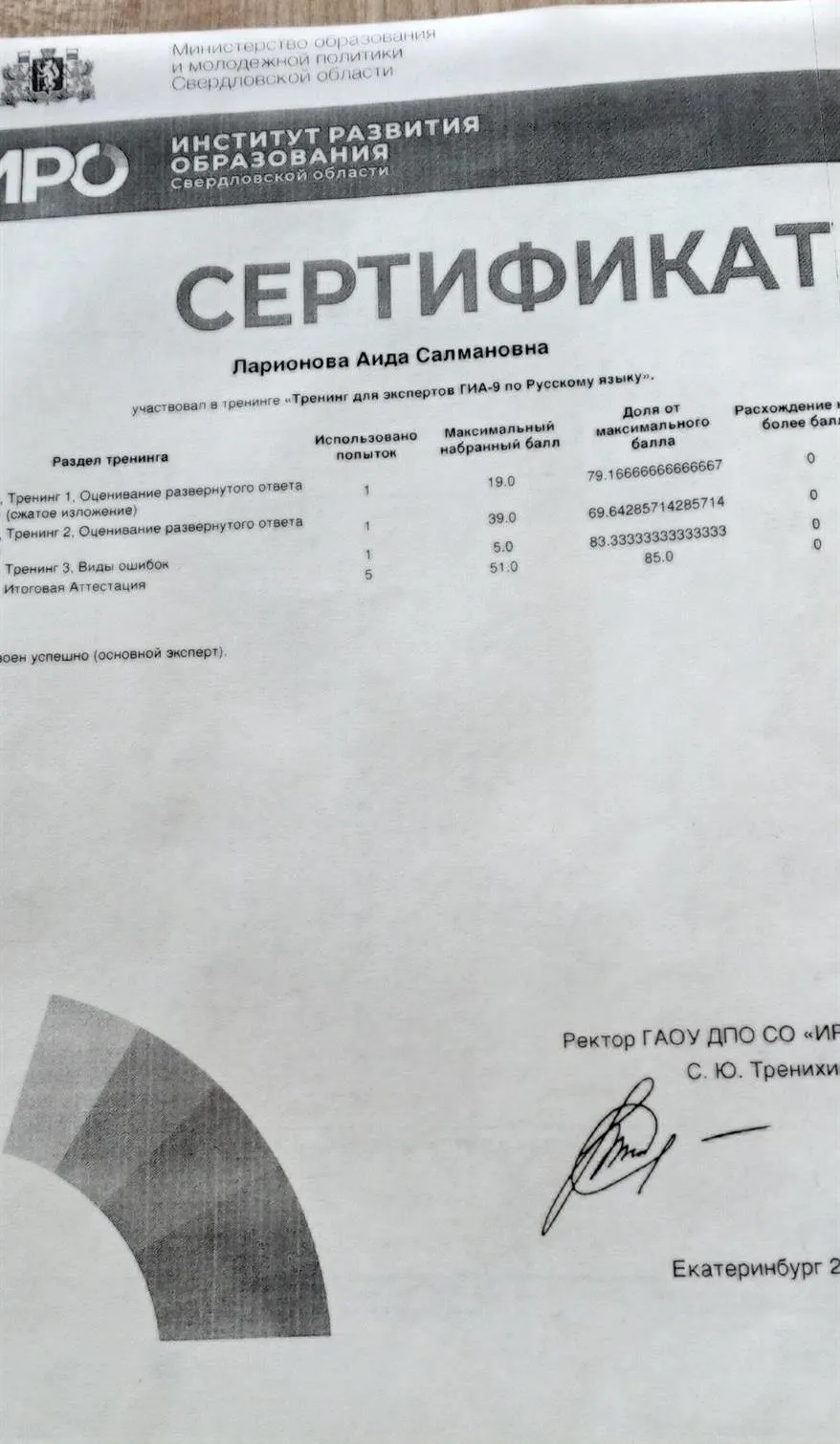 Сертификат эксперта ОГЭ по русскому языку