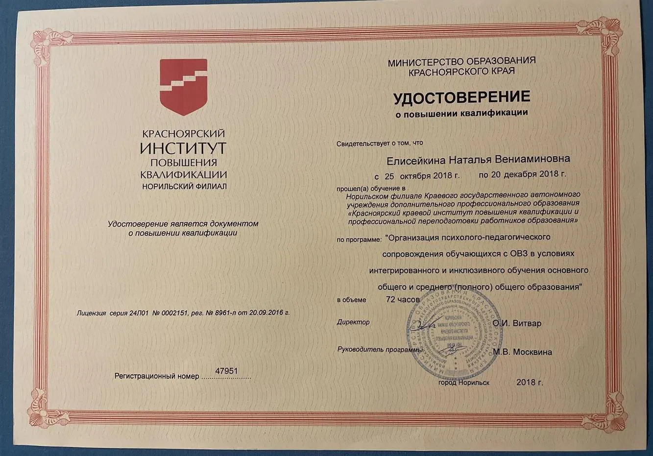 Удостоверение о повышении квалификации 