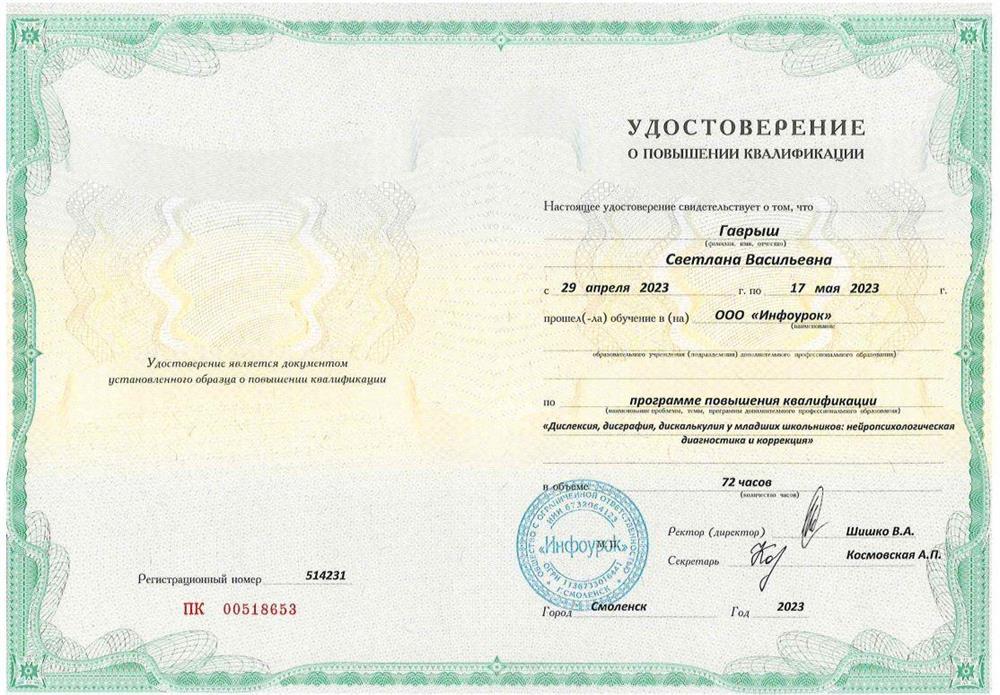 Удостоверение о повышении квалификации 2023 год 