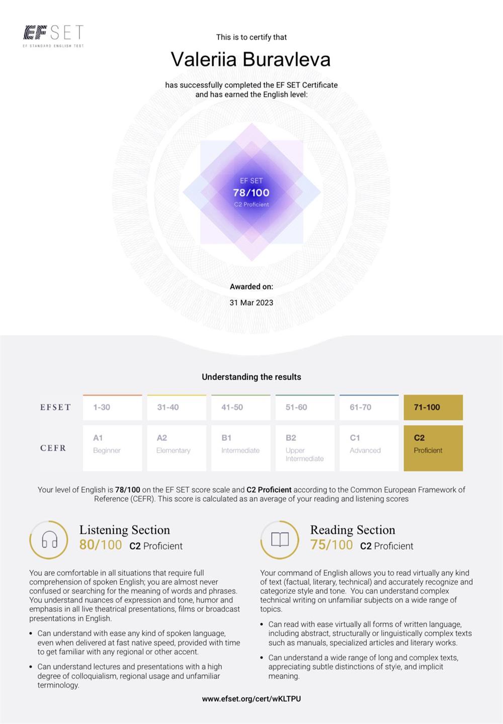 EF SET Certificate C2 Proficient