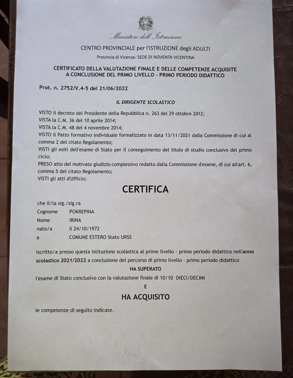 Primo  periodo didatico Centro provinciale per L'Istruzione degli adulti. 