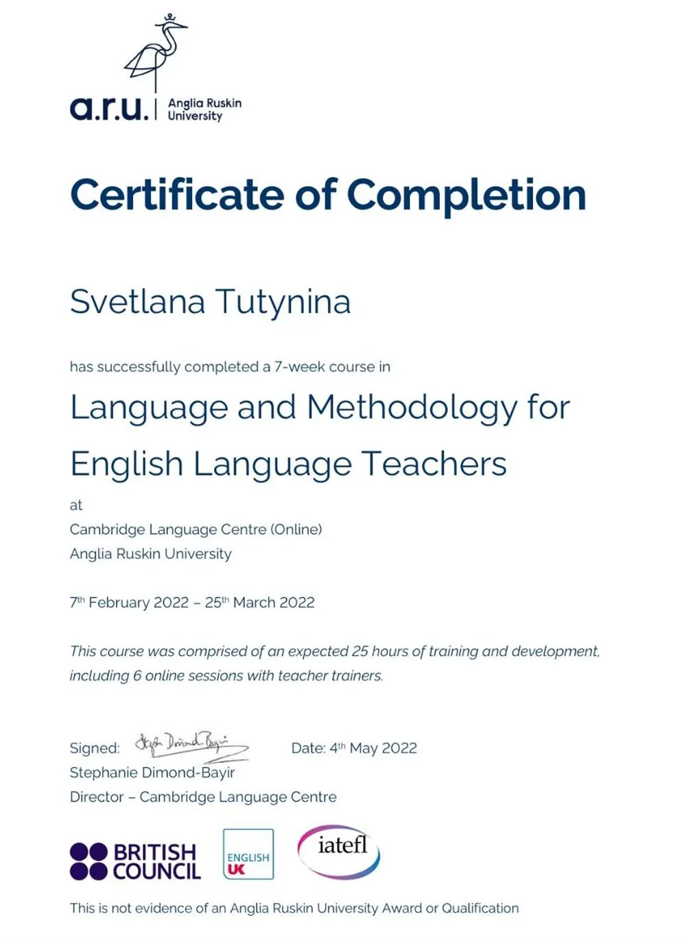Сертификат о повышении квалификации в проекте PRELIM при участии  Cambridge Language Centre,  Anglia Ruskin University 