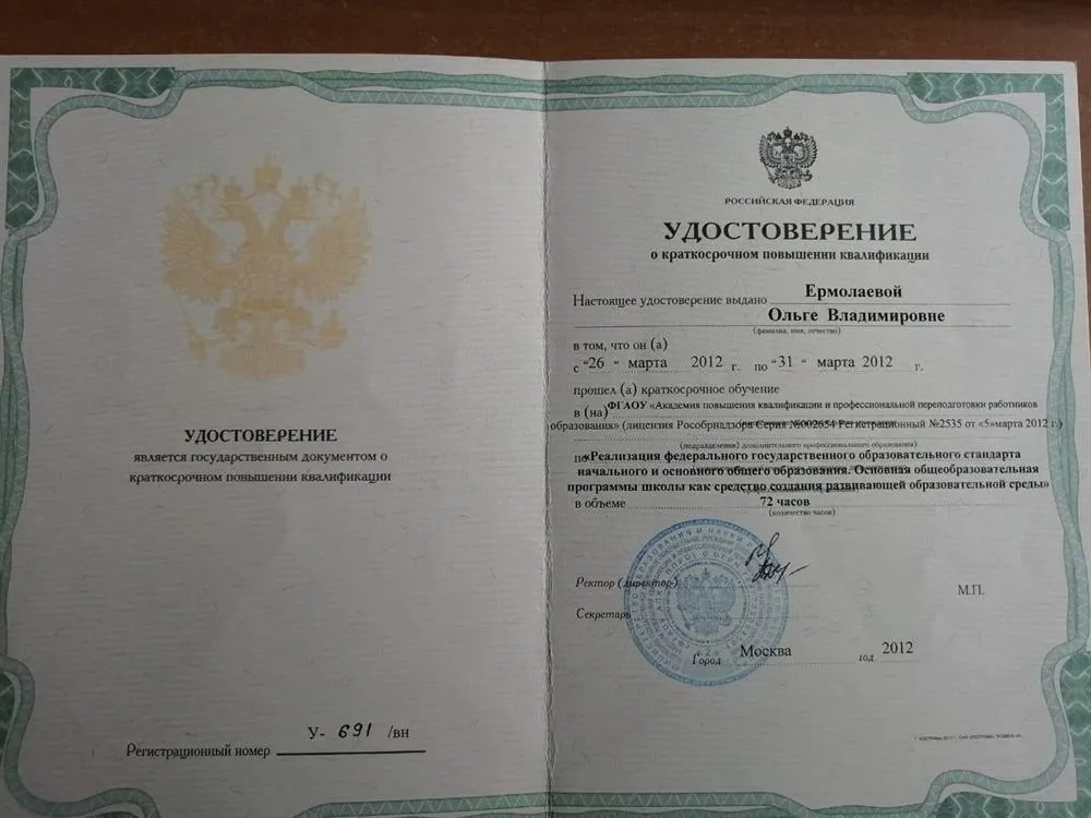Удостоверение о повышении квалификации "Реализация ФГОС начального и основного образования. Основная общеобразовательная программы школы, как средство создания развивающей образовательной среды"
