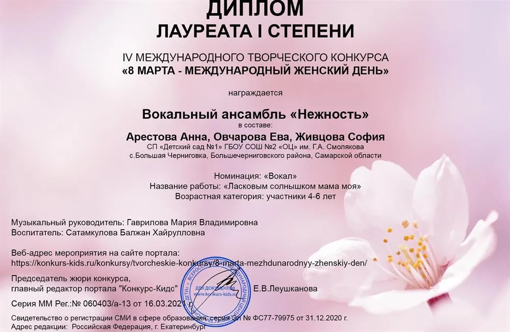 Диплом лауреата 1 степени. Мой вокальный ансамбль. Руководитель Гаврилова М.В.