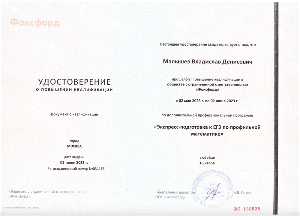 Документ о квалификации (ЕГЭ по профильной математике)
