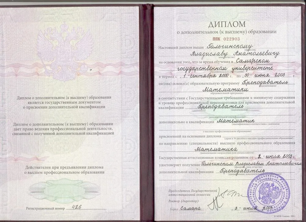 Диплом о квалификации Преподаватель (математики)