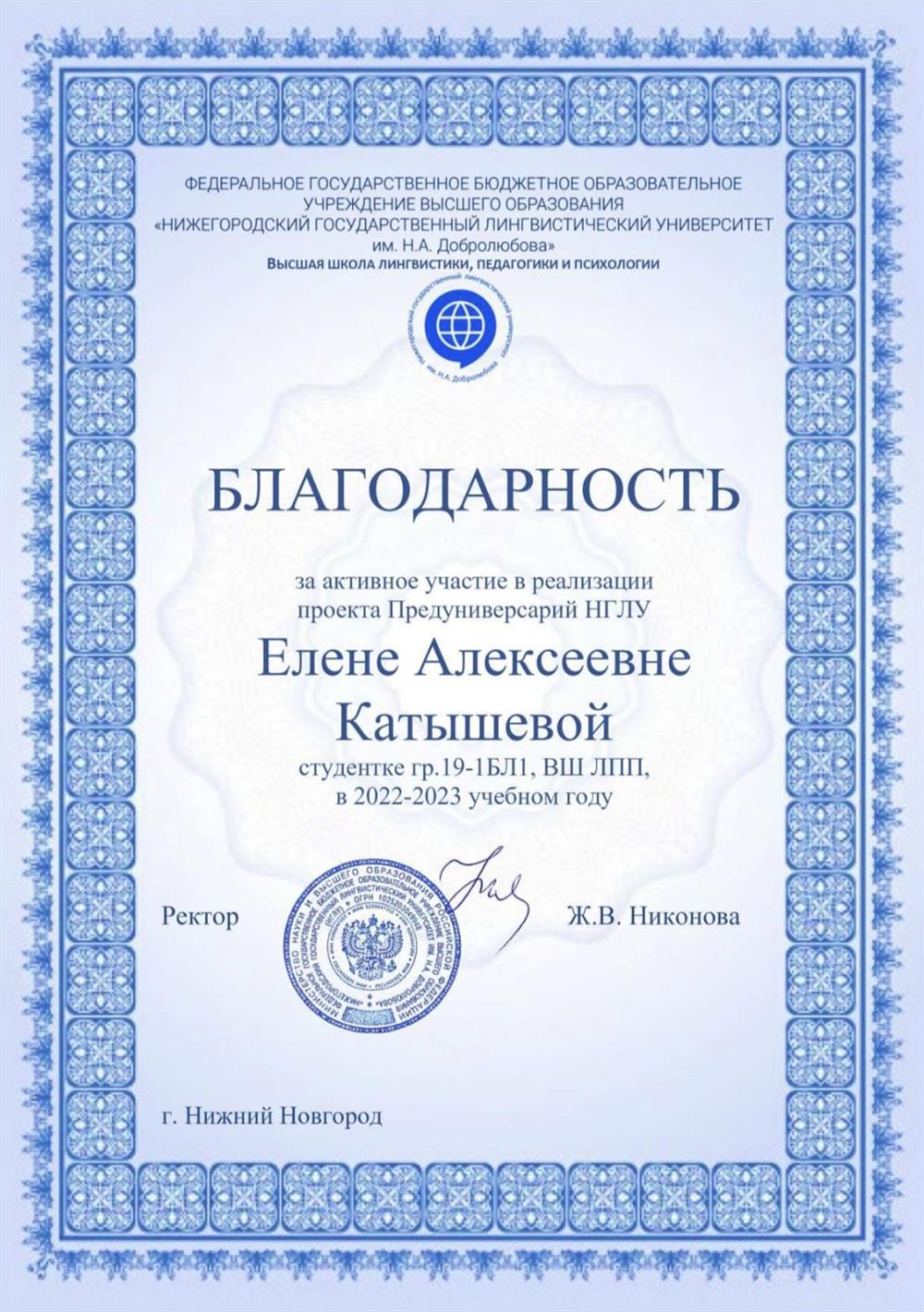 Благодарность от НГЛУ им.Добролюбова за ведение онлайн занятий на базе университета
