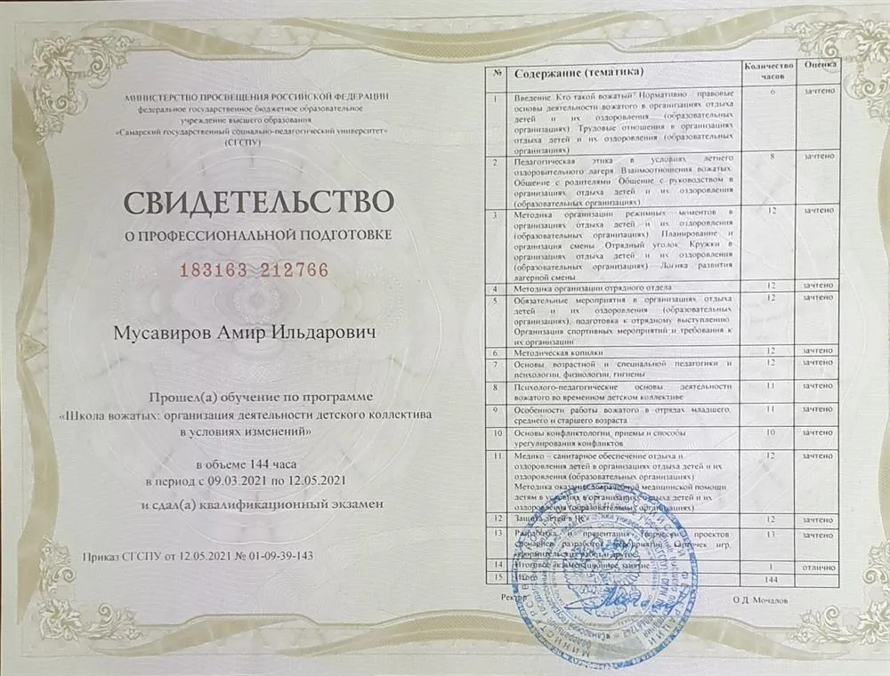 Свидетельство о профессиональной подготовке по программе "Школа вожатых: организация деятельности детского коллектива в условиях изменений"