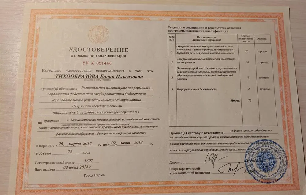 Свидетельство о повышении квалификации