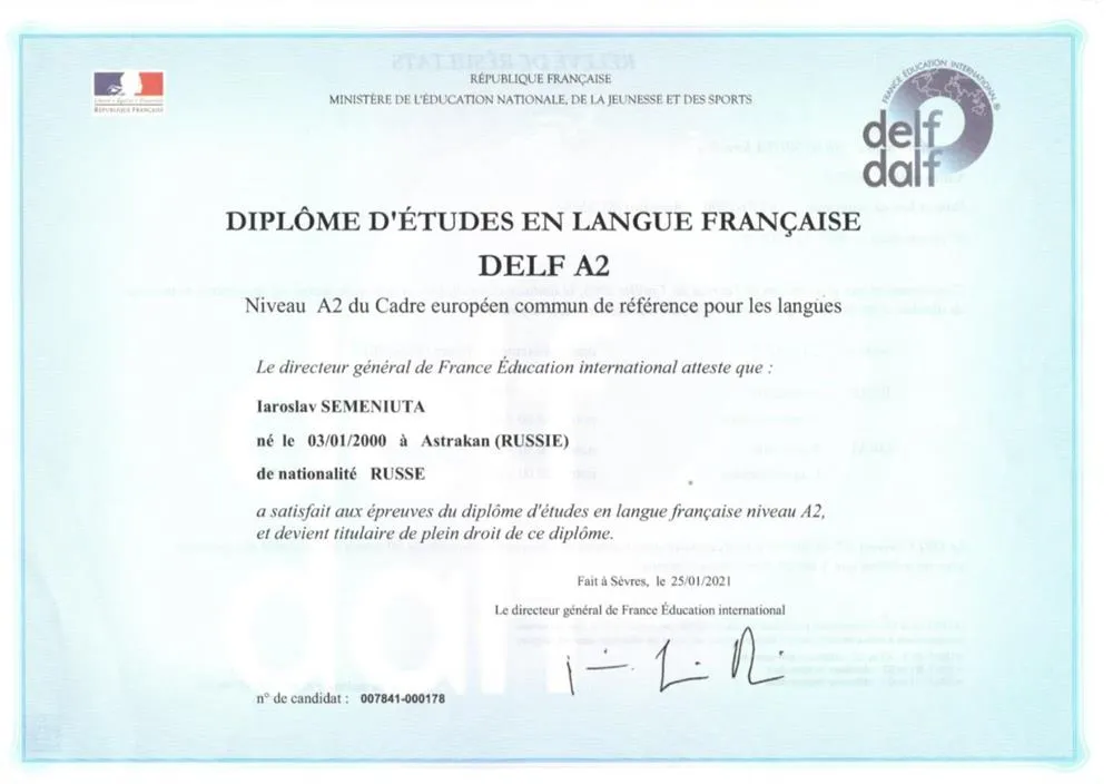 Diplome d’etudes en langue francaise DELF A2