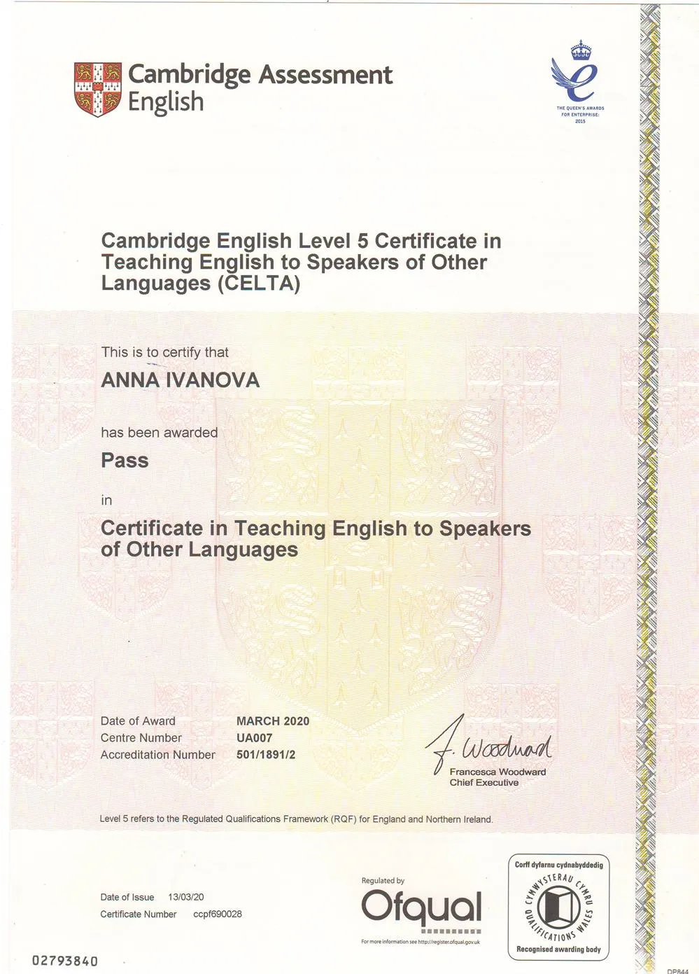 Cambridge English Level 5 Certificate in Teaching English to Speakers of Other Languages (CELTA)