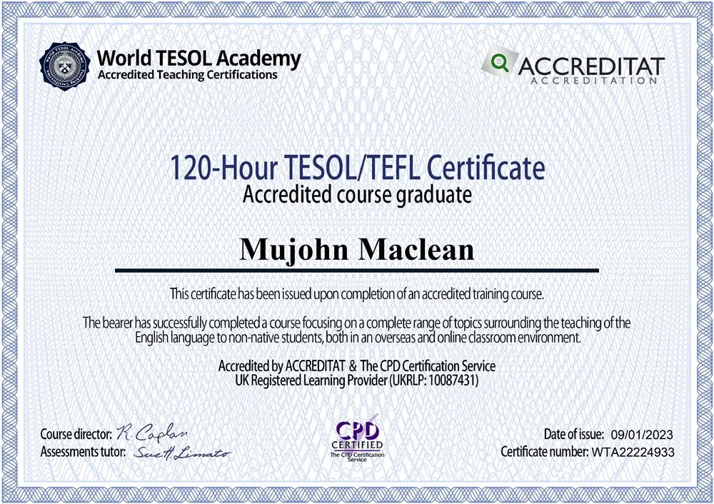 Mujohn Maclean TESOL certificate